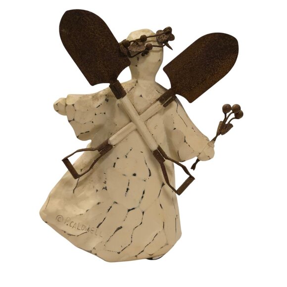 Angel Figurine Garden Shovel Wings Flowers Gardener 7 Inch P Caldwell - Picture 2 of 16